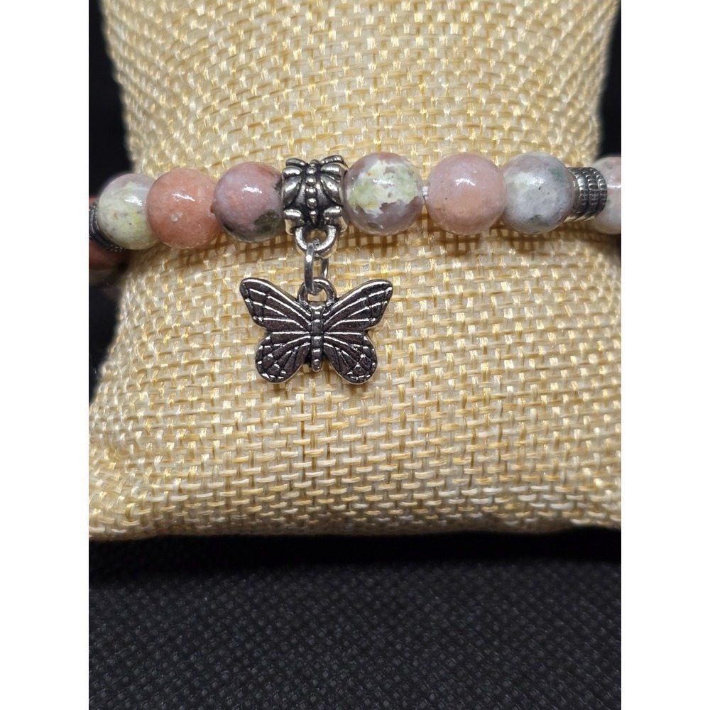 Multicolor Beaded Stackable Stretch Bracelet w/ Butterfly Dangle Charm, Elastic